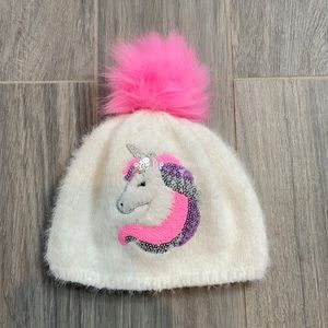 Baby girl white winter hat with unicorn size 12-24mo